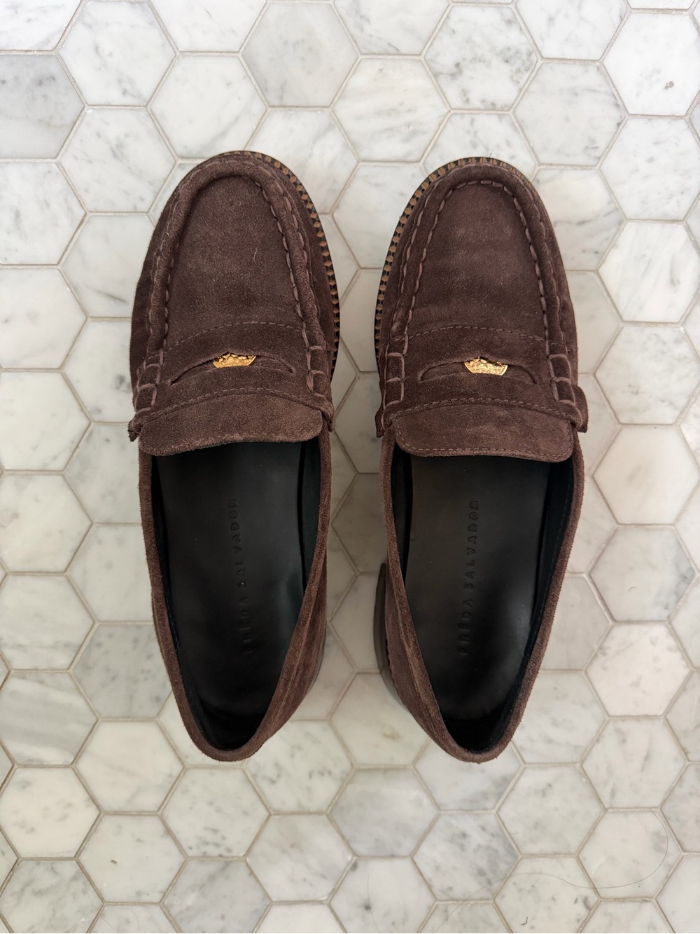 Freda Salvador Elba Espresso Suede Penny Loafers, Size 8